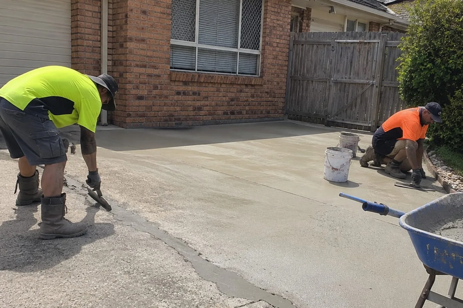 Concreters trowelling a fresh concrete section beside a cracked older Mackay driveway