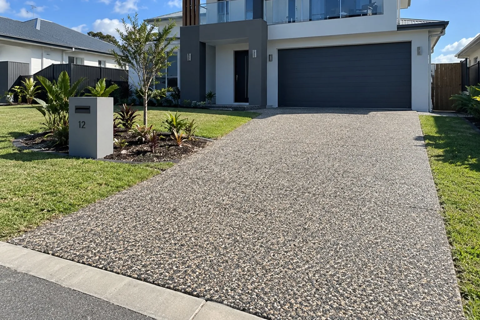 Exposed aggregate driveway running from the street to a modern two-storey Mackay home